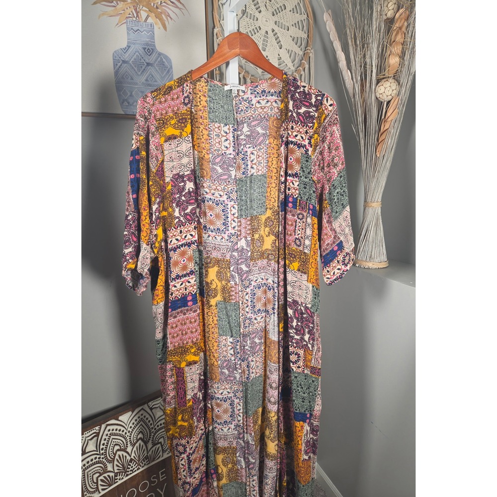 JODIFL Patchwork Boho Festival Paisley Long Duster Cardigan Kimono Yellow Pink L